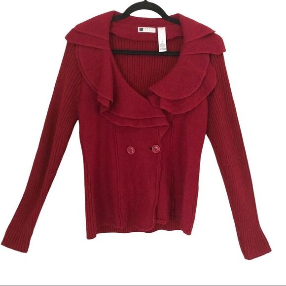 Carole Little Red Long Sleeve Wool/Acrylic Two Tiered Bib Collar Button Sweater - Picture 1 of 9